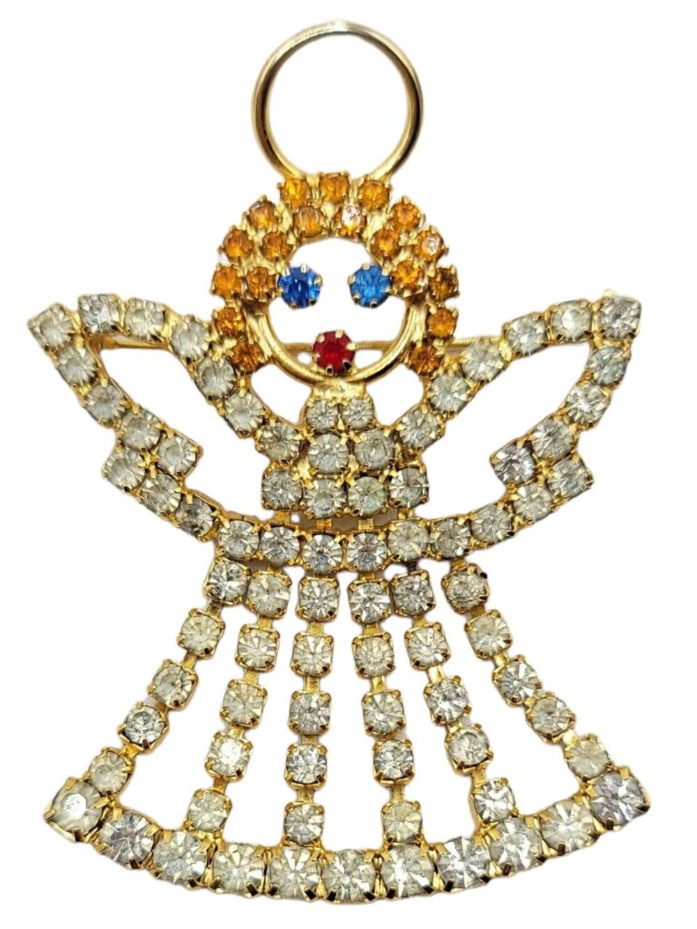 Gold Tone Clear Yellow Prong Set Rhinestone Angel Brooch